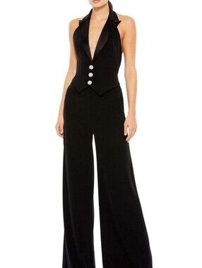 Mac Duggal Black Halter Vest Tuxedo Jumpsuit with Satin Lapel